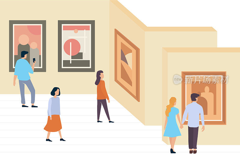 Exhibition visitors people walking and viewing modern abstract paintings at contemporary art gallery museum minimalistic vector illustration